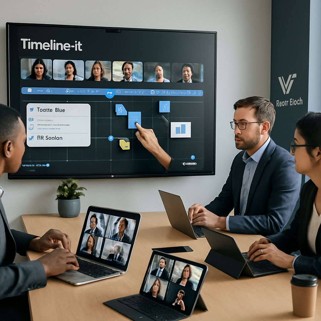 A sleek modern workspace setting featuring a diverse group of professionals engaging in a virtual meeting using Timelineit The screen displays a unified timeline interface showcasing synchronized video notes and presentations Participants are shown i A sleek modern workspace setting featuring a diverse group of professionals engaging in a virtual meeting using Timelineit The screen displays a unified timeline interface showcasing synchronized video notes and presentations Participants are shown i
