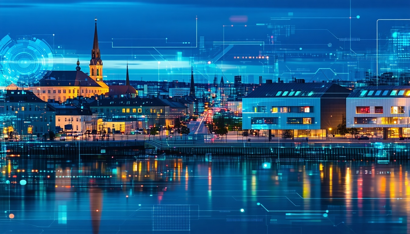 A vibrant cityscape of Oslo with tech-inspired dig